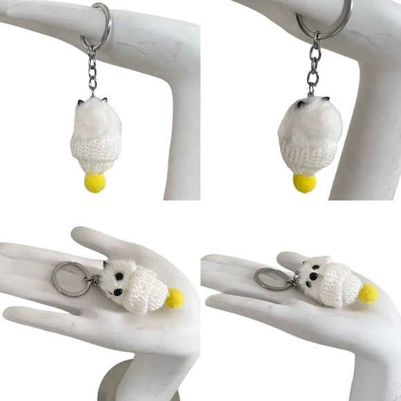 White Animal Keychain with Yellow Pom Pom in Mini Knitted Hat - Picture 4 of 11